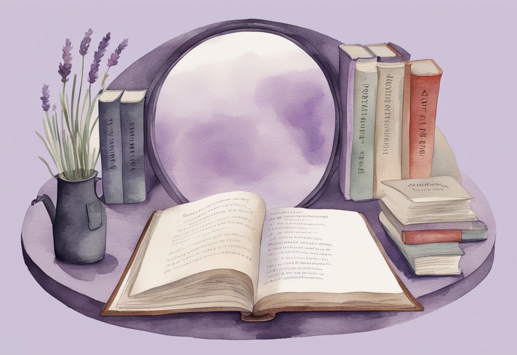 Minimalistic watercolor illustration of colorful fiction books about narcissism arranged in a semi-circle, with a large mirror reflecting the title of one book.