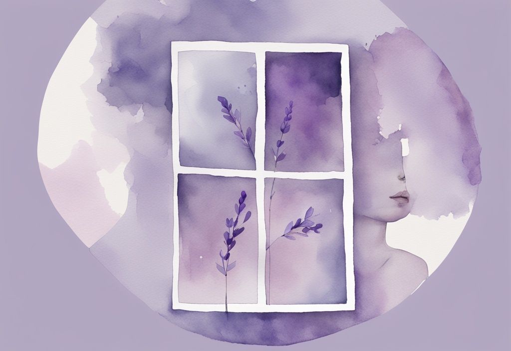 Minimalistic lavender watercolor illustration with broken mirror pieces reflecting toxic narcissist quotes from a confident individual.