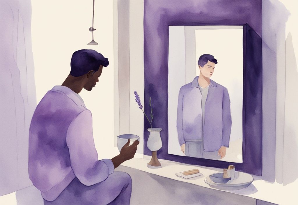 Minimalistic watercolor illustration of a man admiring himself in a mirror, surrounded by over-idealized reflections, highlighting narcissist idealization in lavender tones.