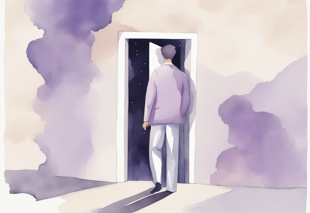 Minimalistic watercolor illustration in lavender theme showing signs a narcissist will come back, with a person stepping out of a door and looking back over his shoulder.