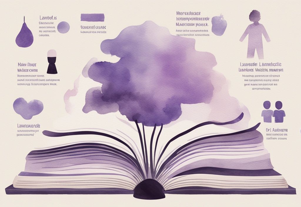 Minimalistic watercolor illustration in lavender showing 20 symptoms of narcissistic victim syndrome with icons in a semi-round infographic style on an open book.