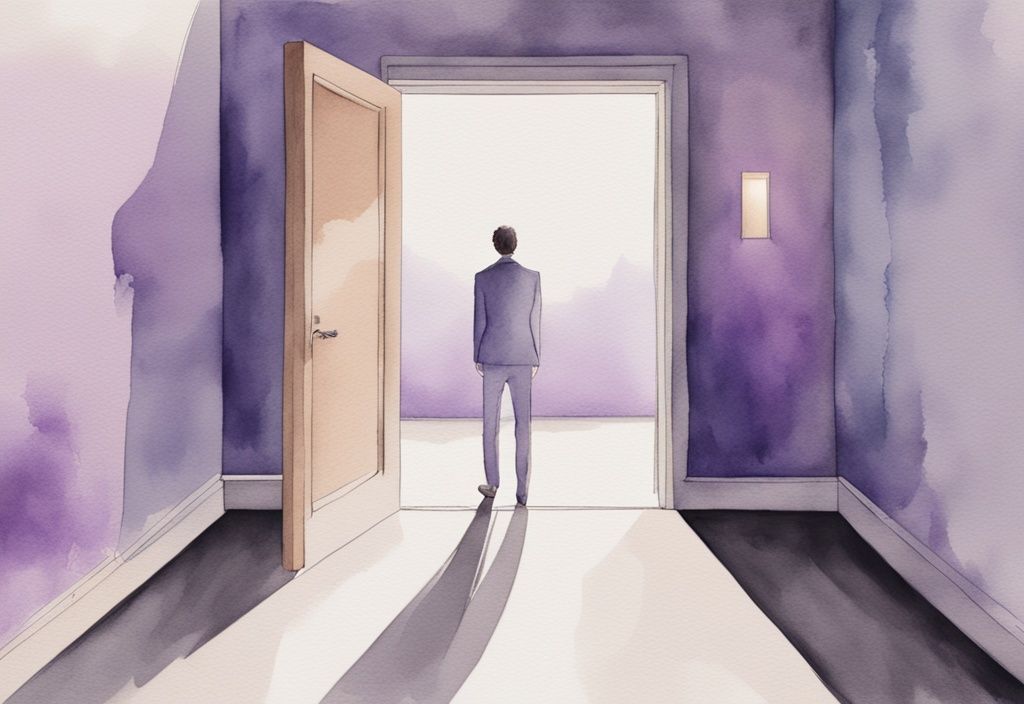 Minimalistic watercolor illustration of an empty room with an open door, a figure approaching in the distance, symbolizing the return of a narcissist after discard, addressing the question: do narcissists come back after discard.