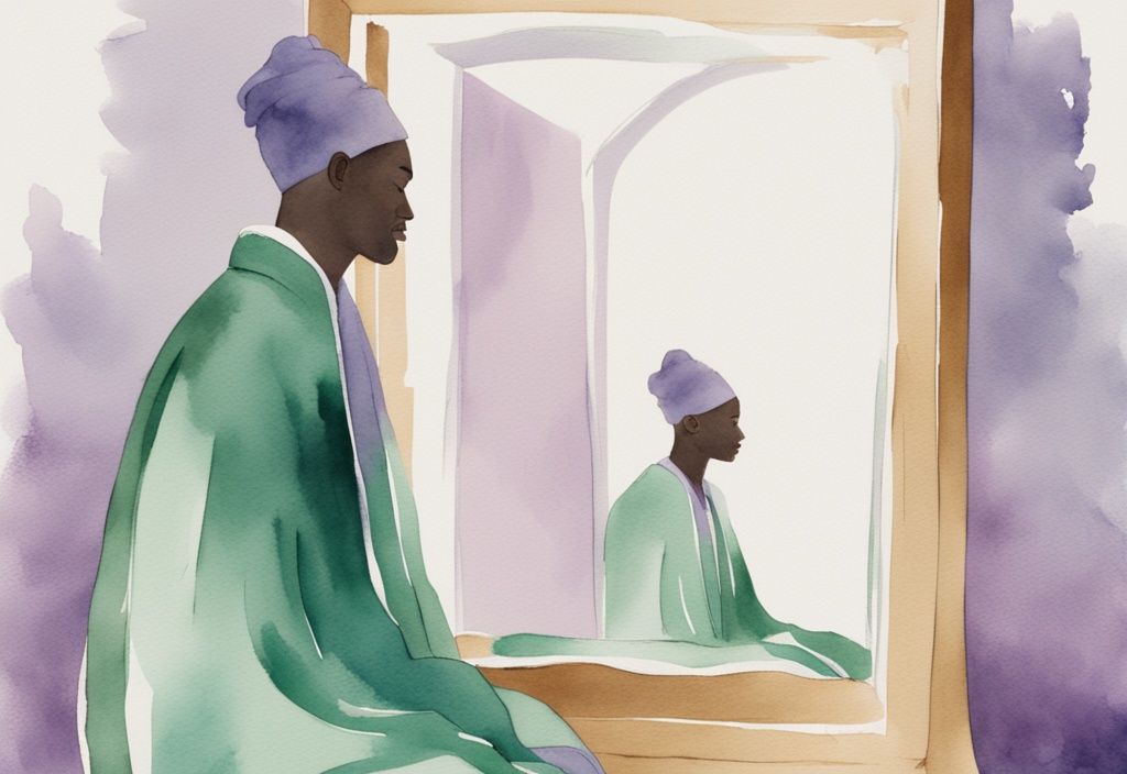 Minimalistic watercolor illustration of a jade narcissist royal figure in deep jade robes smiling at their reflection in a mirror, lavender color theme.