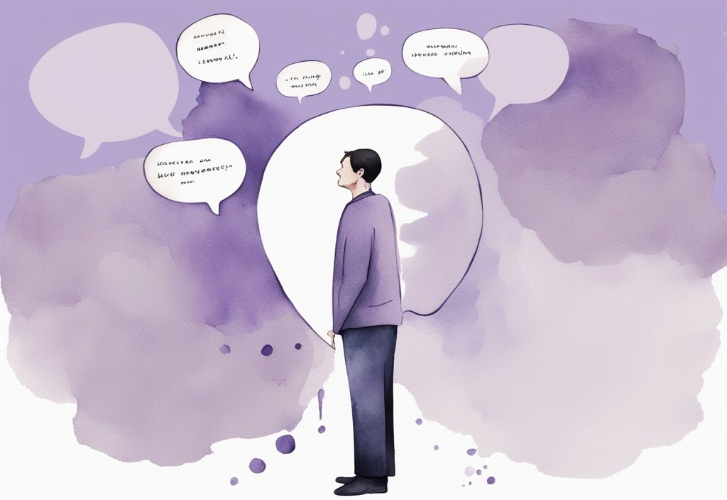 Minimalistic watercolor illustration of a calm person with empowering speech bubble facing a deflated narcissist caricature, lavender theme.