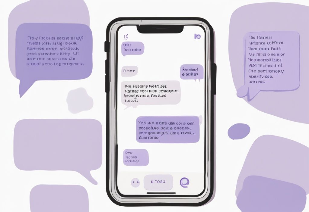 Minimalistic watercolor illustration of a lavender-themed smartphone screen showing a dry texting conversation with brief replies.