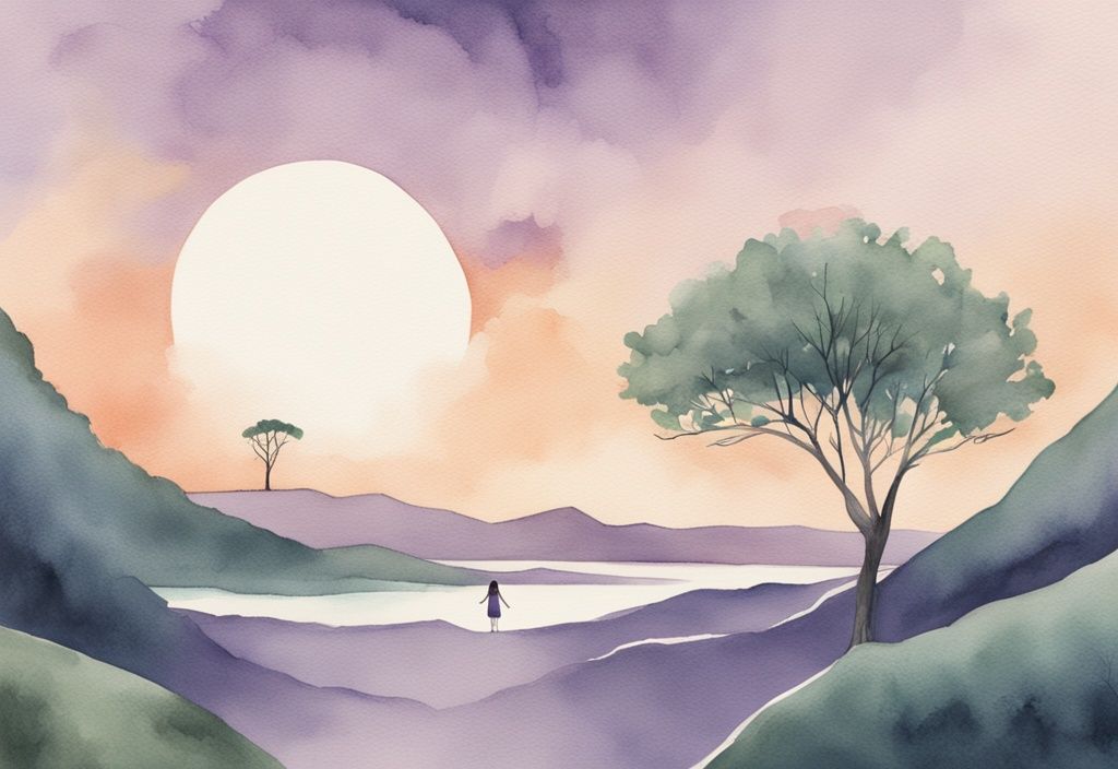 Minimalistic watercolor illustration of a person on a hill at sunrise, a woman drawing a circle in the sand, a serene lake with lush greens, and a lone tree in a devastated landscape, symbolizing awareness, personal boundaries, peace, and resilience.