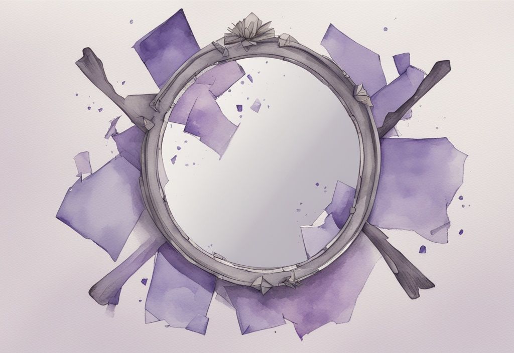 Minimalistic lavender watercolor illustration of a shattered mirror reflecting narcissist mental abuse quotes on broken pieces.