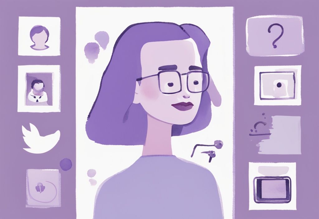 Minimalistic watercolor illustration of a character examining a social media profile with excessive selfies and motivational quotes, indicating narcissism, lavender color theme.