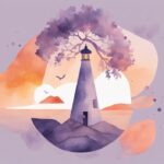 Minimalistic watercolor illustration in lavender showing signs you're healing from narcissistic abuse: person on mountaintop, tree sketch, woman in spa, superhero pose, lighthouse, backpacker, sunset over lake, hands cradling glowing heart, broken vase repaired with gold, sapling breaking concrete.