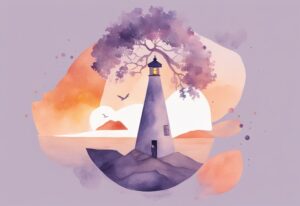 Minimalistic watercolor illustration in lavender showing signs you're healing from narcissistic abuse: person on mountaintop, tree sketch, woman in spa, superhero pose, lighthouse, backpacker, sunset over lake, hands cradling glowing heart, broken vase repaired with gold, sapling breaking concrete.