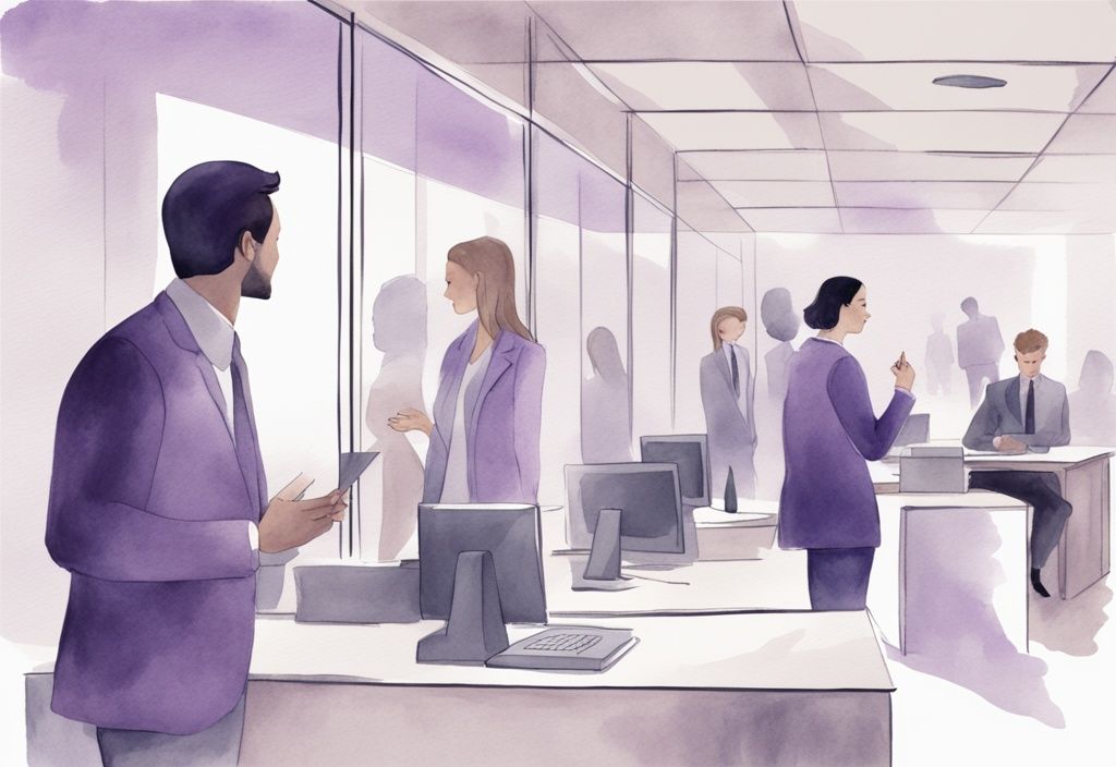 Minimalistic watercolor illustration of a narcissistic coworker admiring themselves in a mirror, ignoring hardworking colleagues in a lavender-themed office scene.