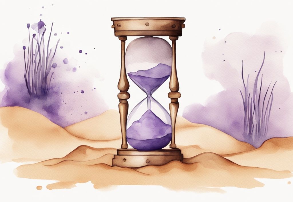 Minimalistic lavender watercolor sand timer with fiery expressions instead of sand fading away