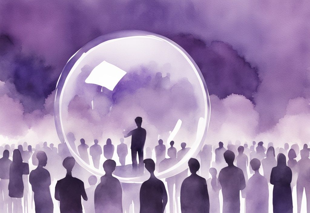 Minimalistic watercolor illustration of a person in a transparent bubble amidst a vibrant crowd, symbolizing emotional unavailability, with a serene lavender backdrop.