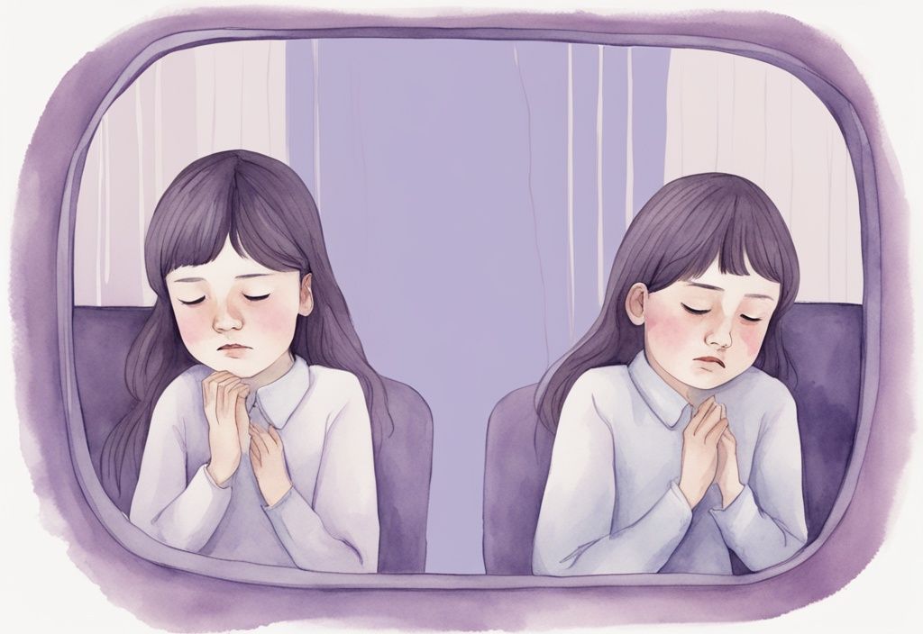 Minimalistic watercolor illustration of narcissist sibling admiring themselves in a mirror while the other sibling looks exhausted, lavender color theme.