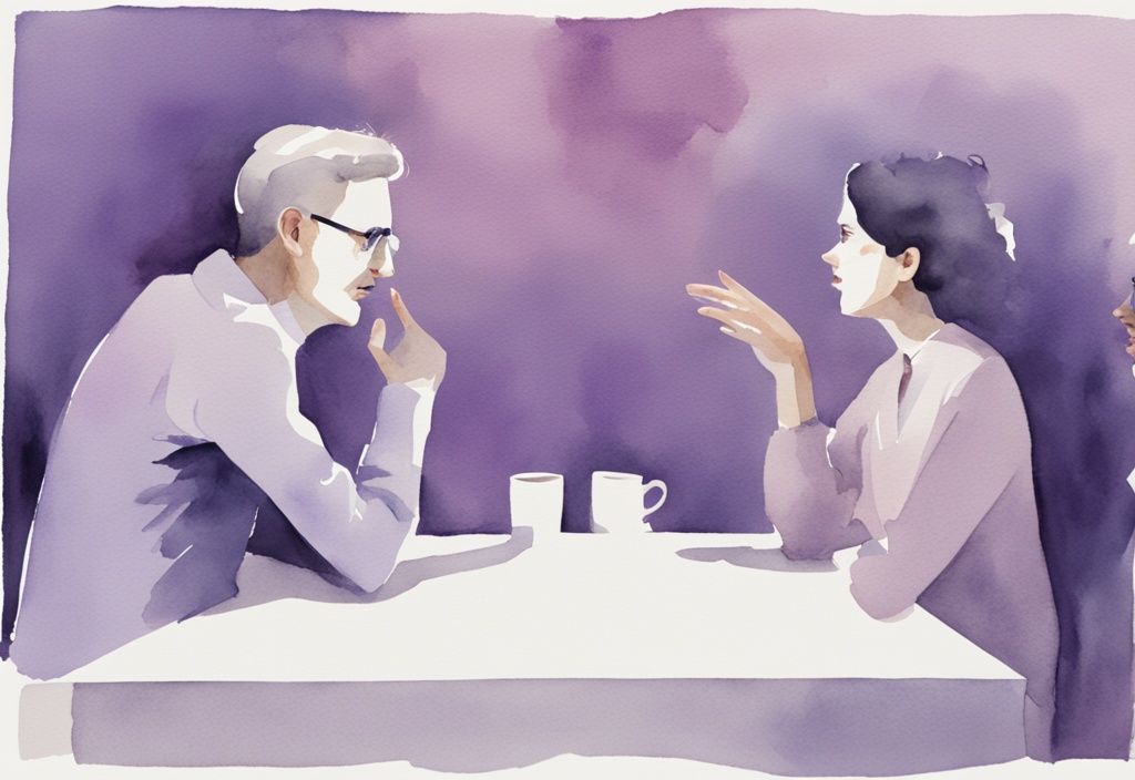 Minimalistic watercolor illustration in lavender showing conversational narcissism with one person dominating and interrupting, while the other appears frustrated and ignored.