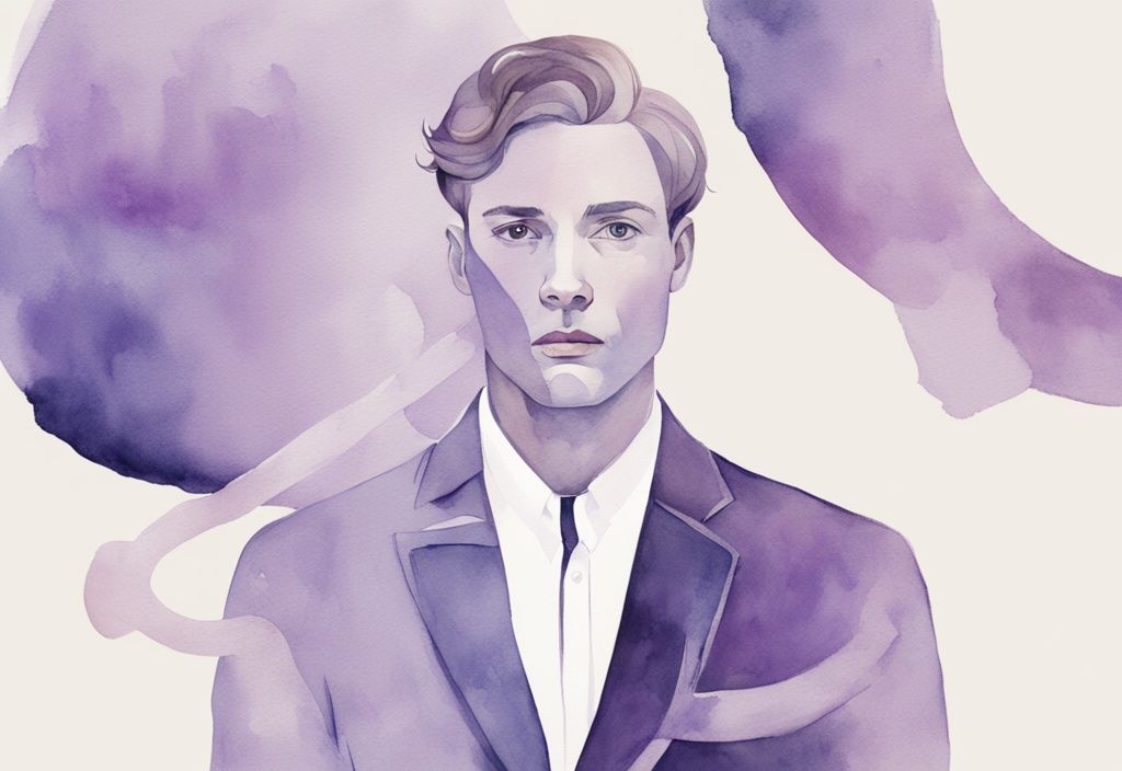 Minimalistic watercolor illustration of a lavender DNA double helix intertwined with a mirror reflecting a confident man, symbolizing the genetic aspect of narcissism.