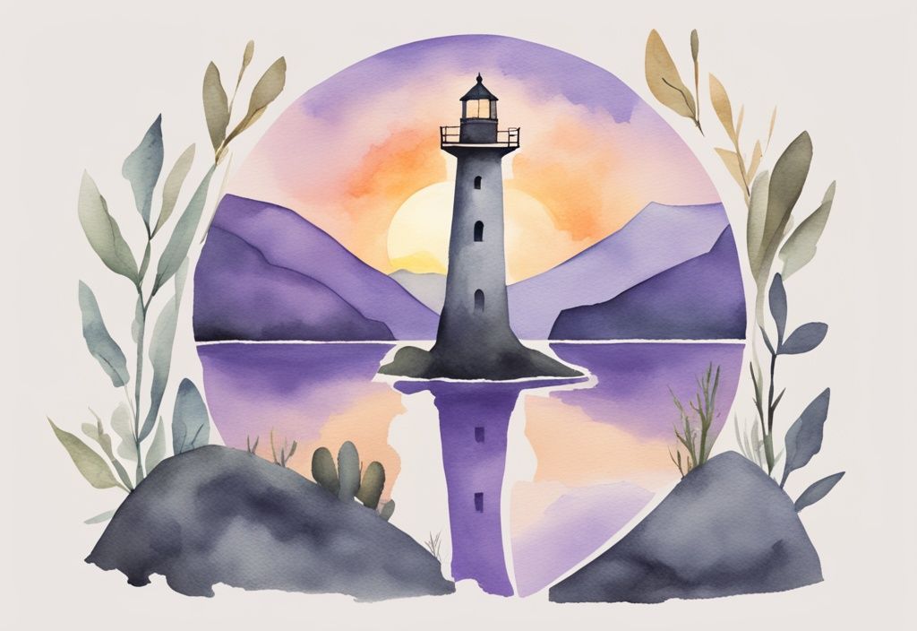 Signs you're healing from narcissistic abuse: minimalistic watercolor illustration in lavender, person on mountaintop for awareness, tree sketch for boundaries, woman in spa for self-care, superhero pose for confidence, lighthouse for stability, backpacker for independence, sunset over lake for peace, hands cradling glowing heart for trust, broken vase repaired with gold for resilience, sapling breaking concrete for growth.