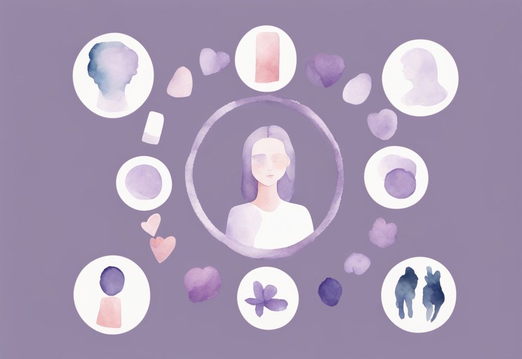 Minimalistic watercolor illustration with lavender theme showing ten icons in a circle representing narcissistic traits like extreme self-love, arrogance, entitlement, lack of empathy, and manipulative behavior.