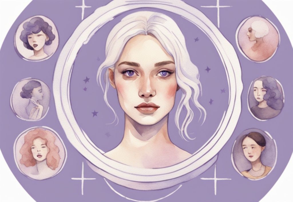 Minimalistic watercolor illustration in lavender theme depicting 7 signs of a female narcissist with icons for vanity, lack of empathy, need for admiration, and a central woman with an arrogant smirk.