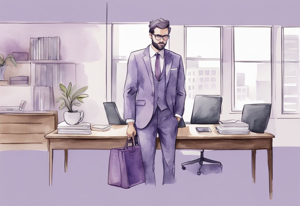 Minimalistic watercolor illustration of a professional in an office, taking credit for a team project, lavender color theme, assertive demeanor.