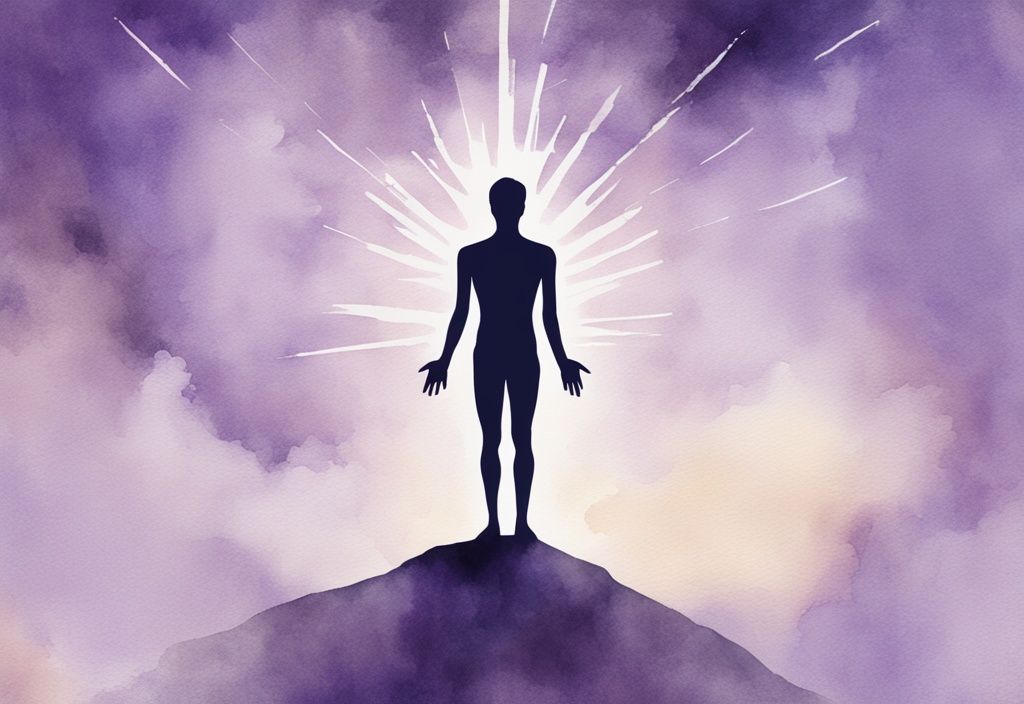 Minimalistic lavender watercolor illustration of a silhouette transforming with 16 guiding light beams from the heavens, symbolizing divine intervention against a dark shadow of narcissism, related to 16 signs God is exposing a narcissist in your life.