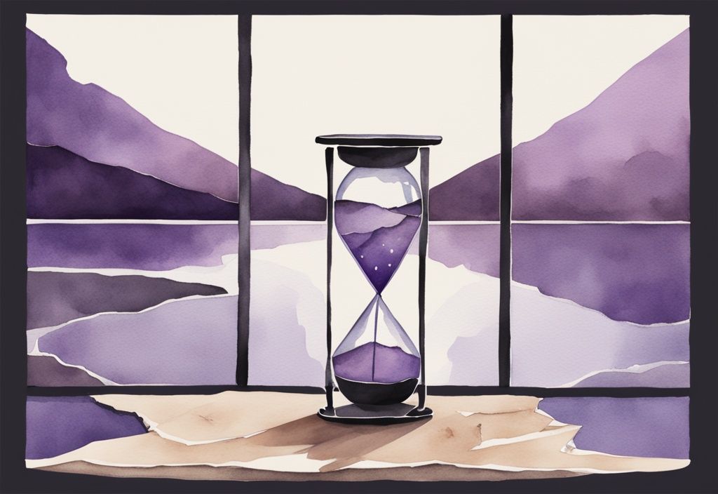 Minimalistic lavender watercolor illustration of a shattered mirror reflecting a desolate landscape with an hourglass in the foreground measuring indefinite time