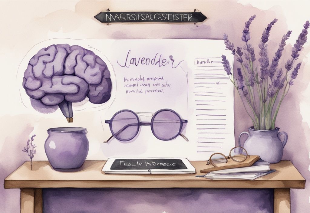 Minimalistic watercolor illustration in lavender theme featuring a chalkboard with interesting facts about narcissistic personality disorder, a brain sketch, and glasses at the corner.