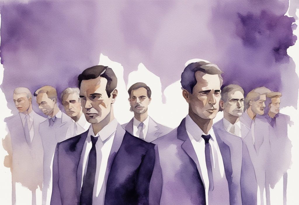 Minimalistic watercolor illustration of celebrities with narcissistic personality disorder, featuring actors in lavender hues, basking in the limelight and vying for attention in front of a mirrored backdrop.