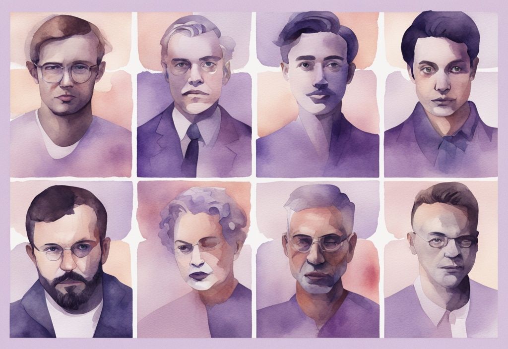 Minimalistic lavender watercolor collage of famous personalities with symbols of narcissistic personality disorder.