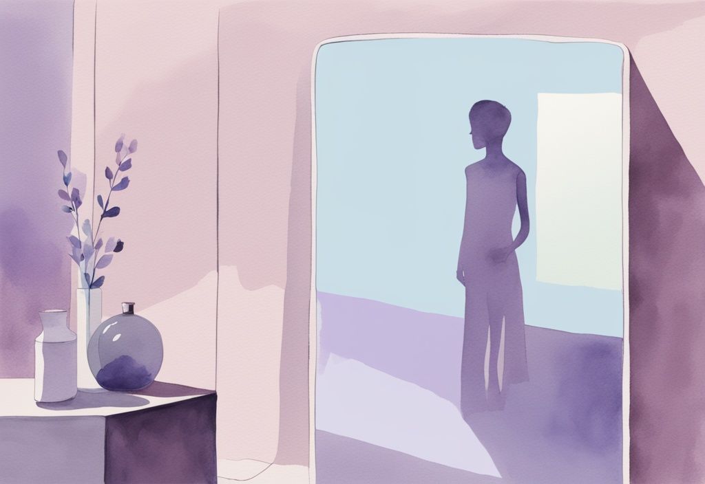 Minimalistic lavender watercolor illustration featuring a mirror with a distorted reflection of a person and a clear individual in the background.