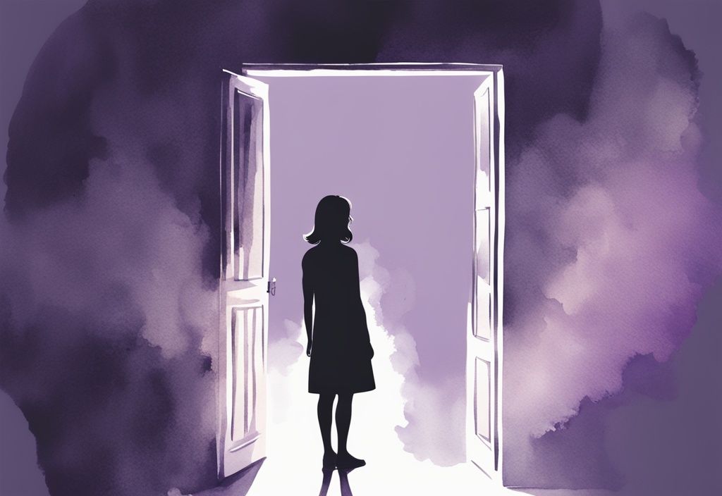 Minimalistic watercolor illustration of a person in a dimly lit room with light pouring in through an open door, representing the theme "am I emotionally unavailable" in lavender tones.