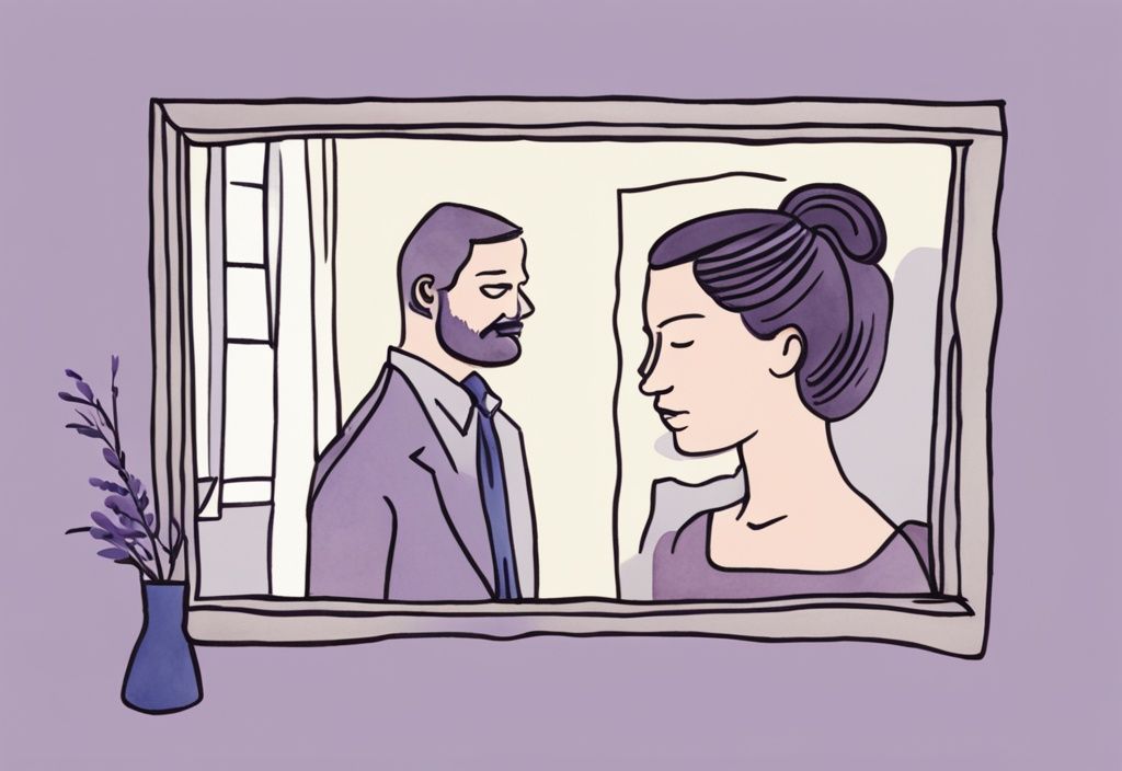 Minimalistic watercolor illustration of an emotionally drained man and indifferent wife admiring herself in a mirror, lavender color theme