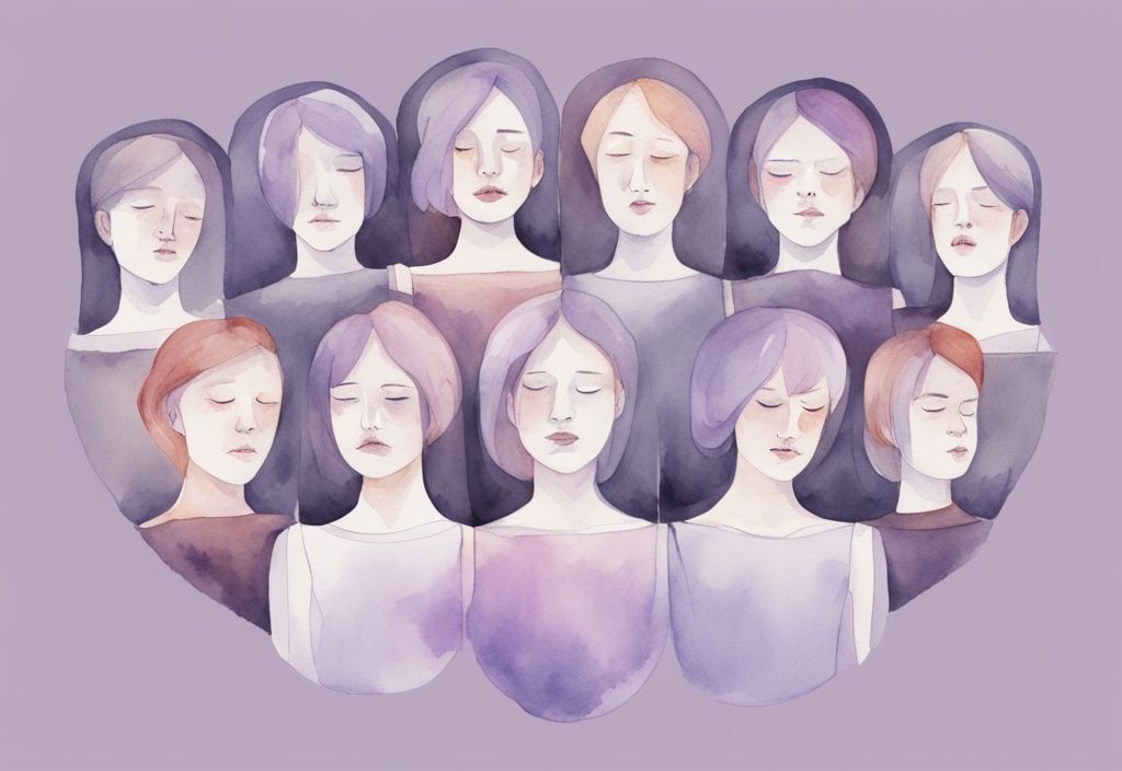 Minimalistic watercolor illustration in lavender showing a mirror with 10 traits of a narcissist through exaggerated facial expressions.