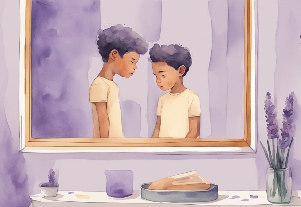 Minimalistic watercolor illustration of annoyed younger sibling and self-admiring older sibling with lavender color theme