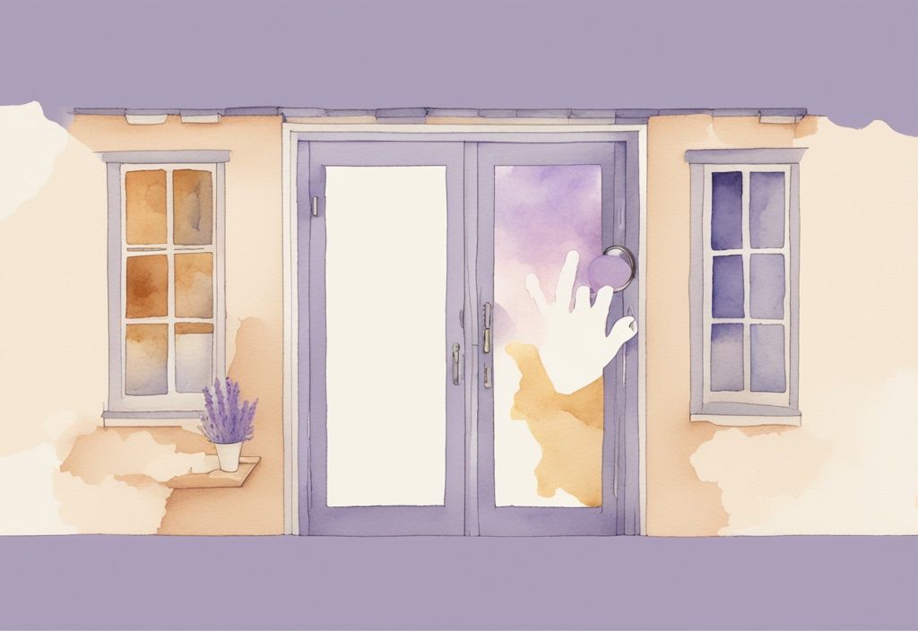 Minimalistic watercolor illustration in lavender of a person magnifying breadcrumbs leading to a mirrored door, symbolizing a narcissist's breadcrumb trail.