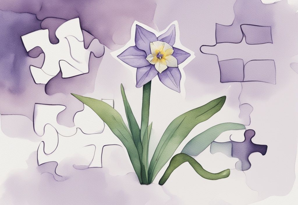 Minimalistic watercolor illustration of a lavender-themed narcissus flower with blurred puzzle pieces in the background containing facts about Narcissistic Personality Disorder symptoms and characteristics.