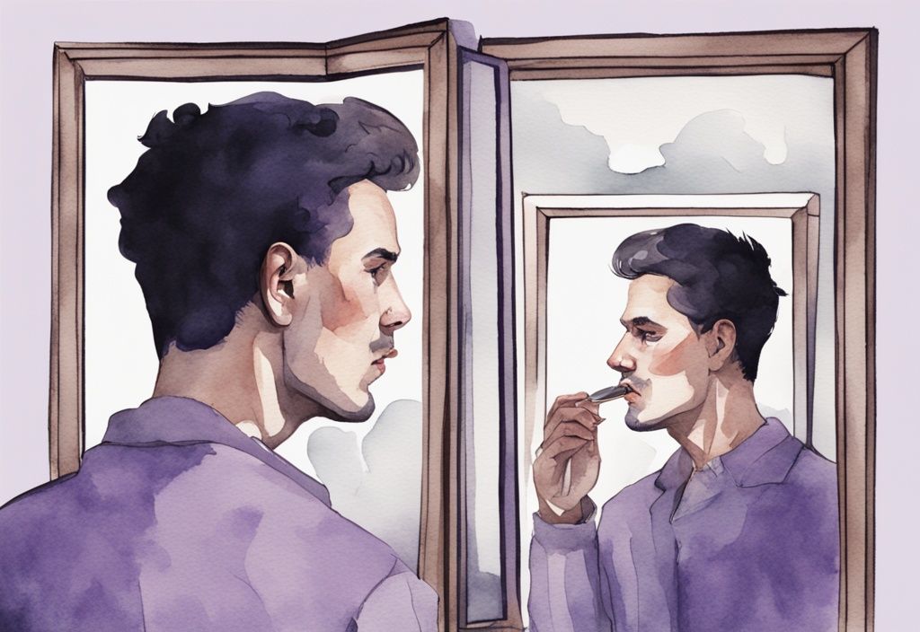 Minimalistic watercolor illustration of a man with a puzzled expression looking at his reflection in a mirror, exploring the theme "does a narcissist know they are a narcissist," with a lavender color scheme.