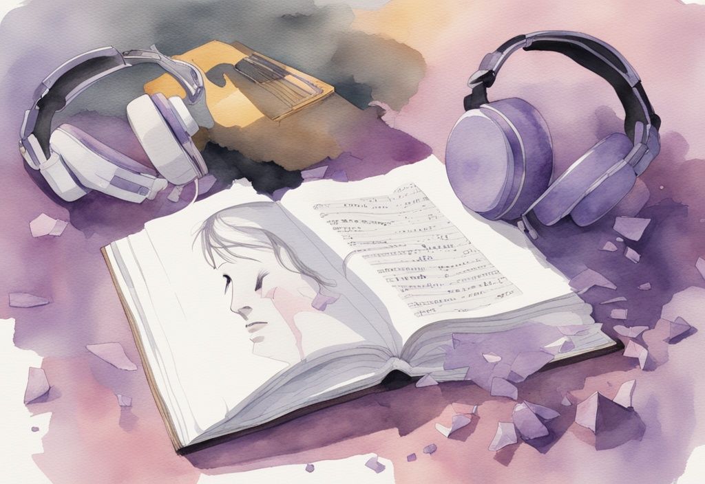 Minimalistic lavender watercolor illustration of headphones by a shattered mirror reflecting a self-absorbed face, with a loving figure in the background holding a songbook titled "Love for a Narcissist" - songs about loving a narcissist.