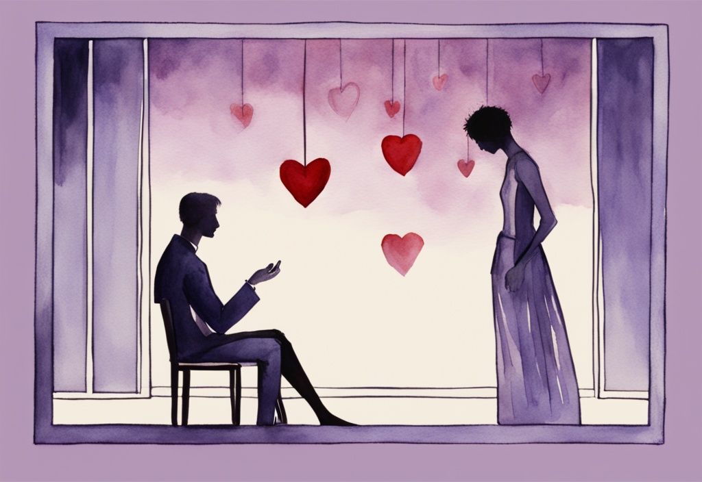 Minimalistic lavender watercolor illustration of a man gazing at his reflection in a heart-adorned mirror with a shadowed woman observing, questioning "can a narcissist be faithful?