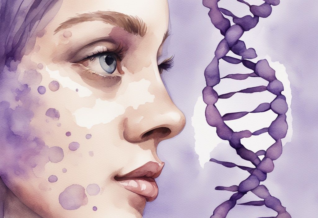 Minimalistic lavender watercolor illustration of DNA double helix unraveling into a mirror reflecting an individual's face