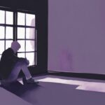 Minimalistic lavender watercolor illustration of a person reflecting on stages of guilt after cheating, featuring numbered dark-toned illustrations for denial, anger, bargaining, depression, and acceptance in a dimly lit room.