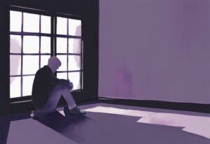 Minimalistic lavender watercolor illustration of a person reflecting on stages of guilt after cheating, featuring numbered dark-toned illustrations for denial, anger, bargaining, depression, and acceptance in a dimly lit room.