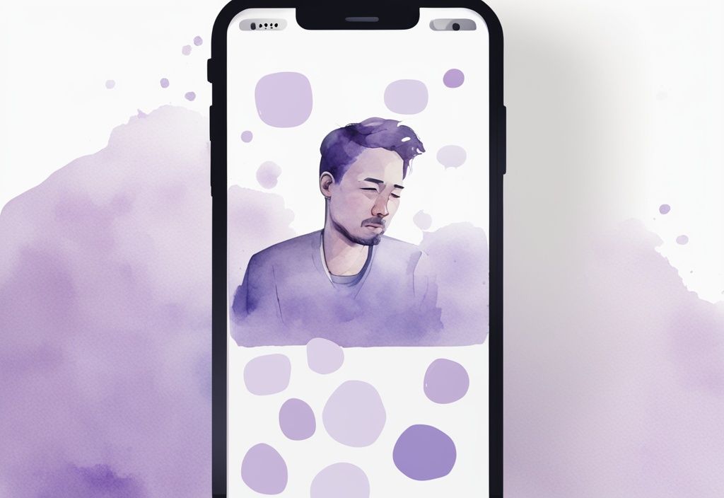 Minimalistic lavender watercolor illustration of a smartphone conversation with short responses, overlooked by a bored recipient.