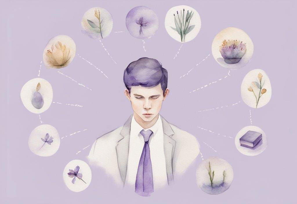 Minimalistic watercolor illustration in lavender showing a narcissist with twelve labeled symbols representing distinct traits of narcissism.