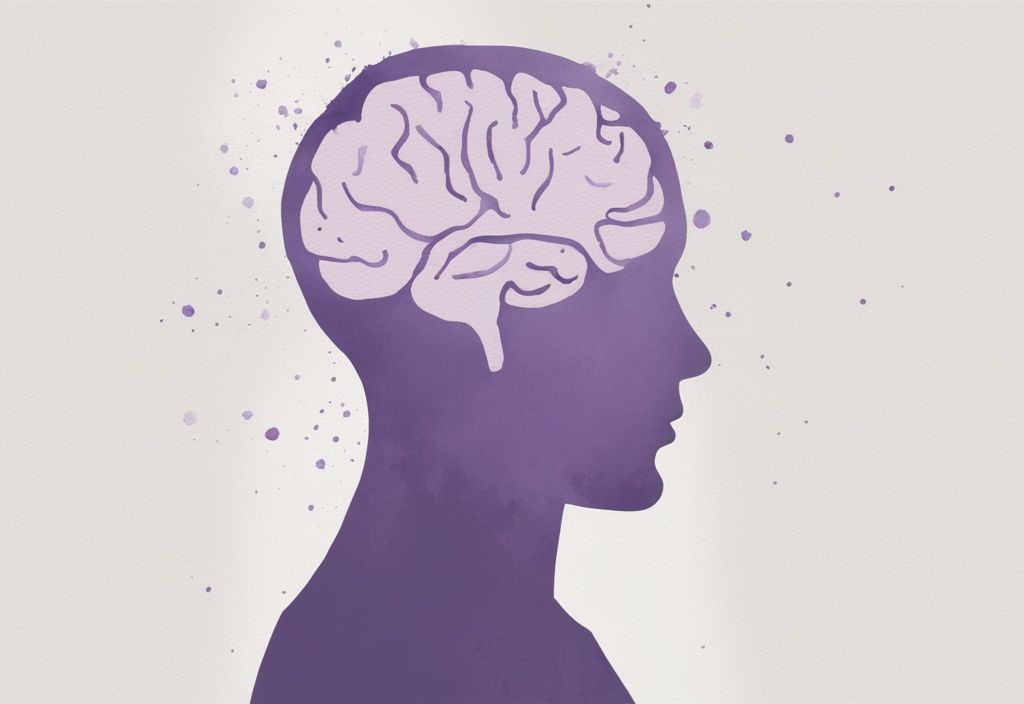 Minimalistic watercolor illustration of a human head silhouette with highlighted brain damage from narcissistic abuse symptoms in lavender tones.