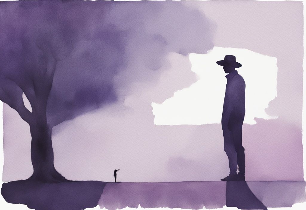 Minimalistic watercolor illustration of narcissistic devaluation with a proud figure under spotlight overshadowing a dejected person in lavender tones.