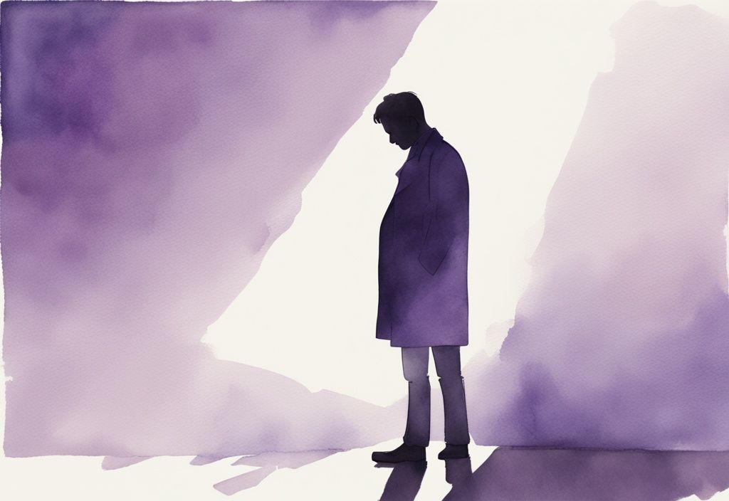 Minimalistic watercolor illustration of narcissistic devaluation; a confident figure under a spotlight diminishes a dejected person in the shadows, with a lavender color theme.