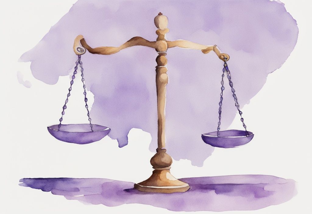 Minimalistic lavender watercolor illustration of a tipped balance scale with a gavel, confident figure, and flustered crowned narcissist.