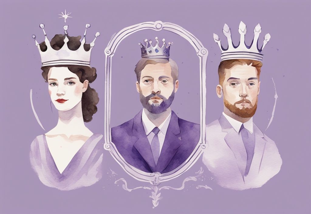 Minimalistic watercolor illustration in lavender depicting famous people with narcissistic personality disorder, featuring symbols like royal crowns and mirrors.