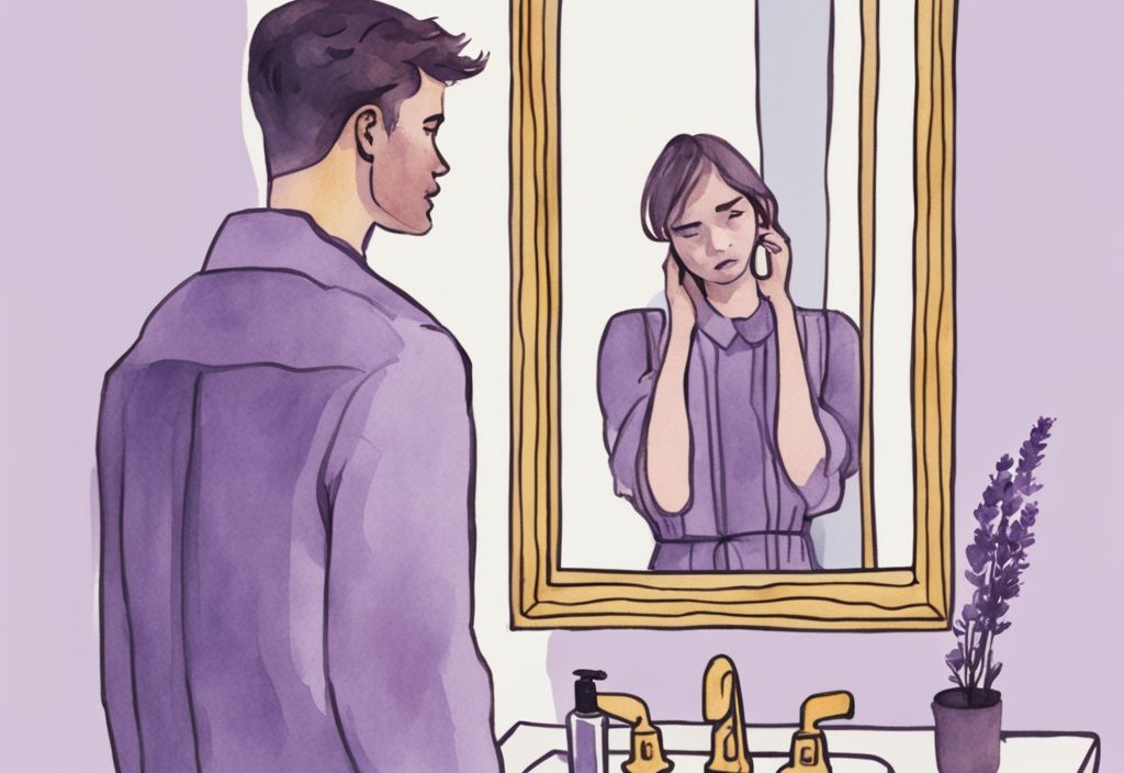 Minimalistic watercolor illustration of a man admiring himself in a mirror, ignoring his upset girlfriend in the background, lavender color theme.